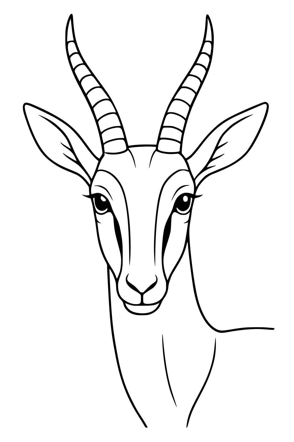 Gazelle antelope head with curved horns and large ears on a blank background, outlined for kids to color.