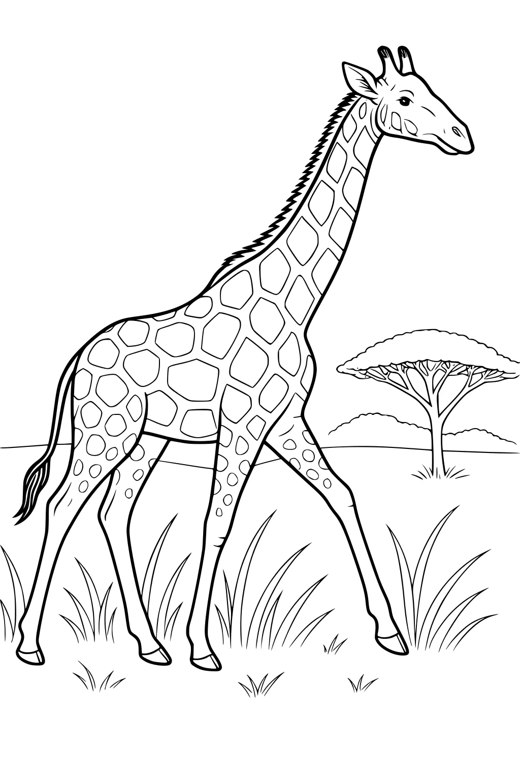 Giraffe walking with tall neck and patchy spots, grass at its feet and an acacia tree in the distance.
