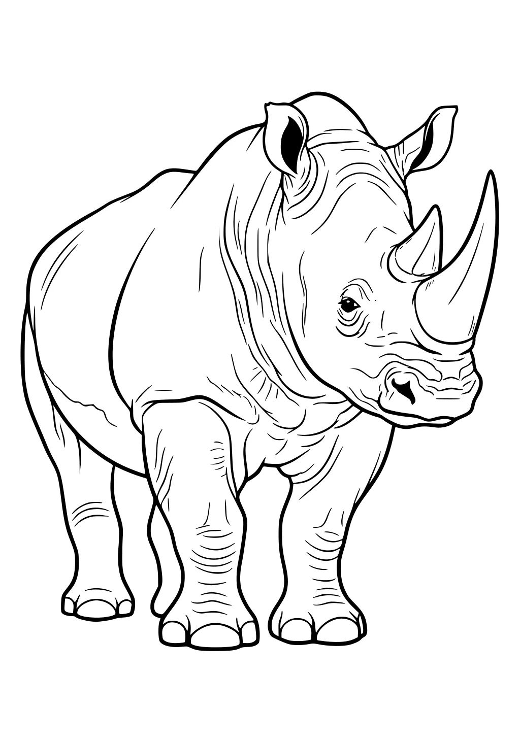 Large rhinoceros with two horns, wrinkled skin, upright ears, and thick legs standing on blank background.