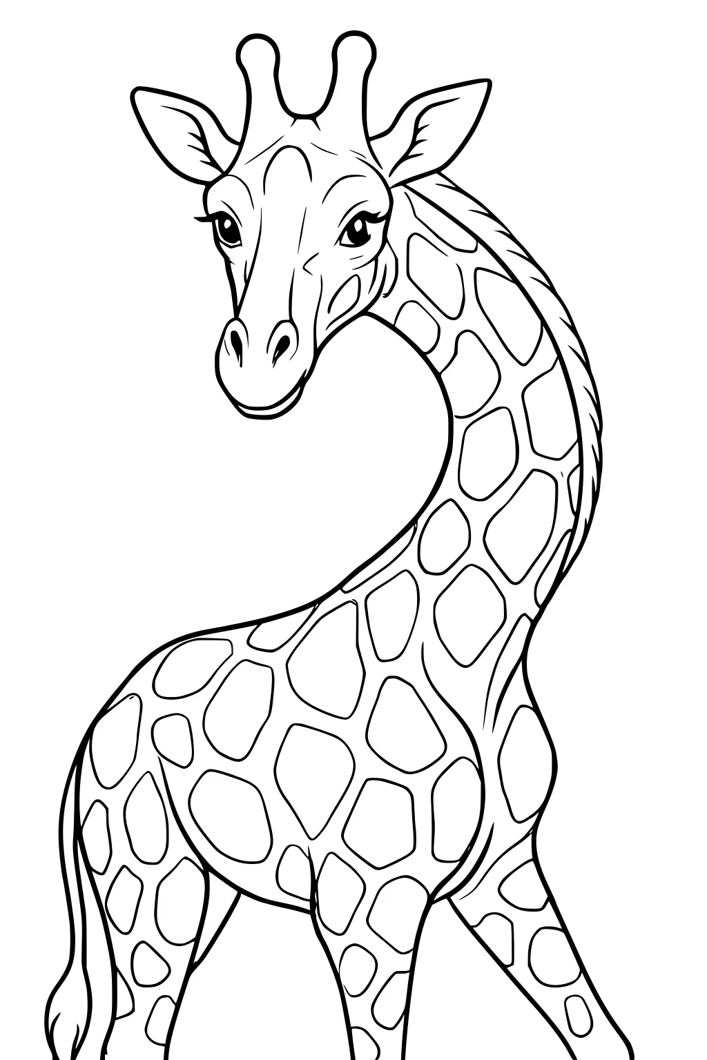 Outline drawing of a giraffe with a curved neck, big eyes, upright ears, and large patchy spots on its body.