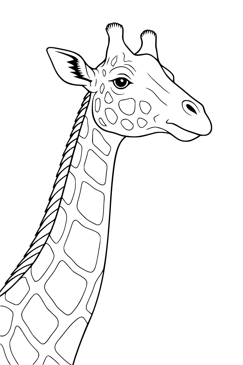 Simple black line giraffe with long neck, large ears, ossicones, and rounded spots on clean white background.