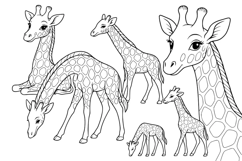 Five giraffes with long necks and spots in various poses, including one close-up head and one grazing on the ground.