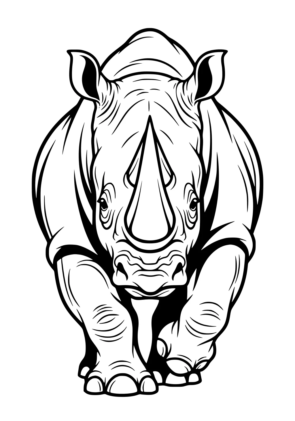 Front view of a rhinoceros standing with a large horn, big ears, and detailed wrinkled skin.