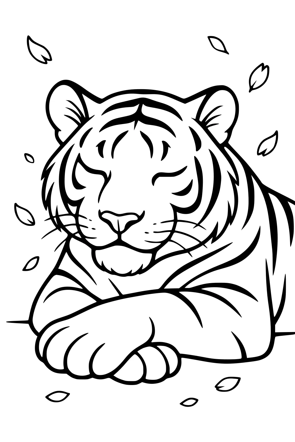 Cartoon tiger with closed eyes, front paws crossed, and leaves swirling around her head.