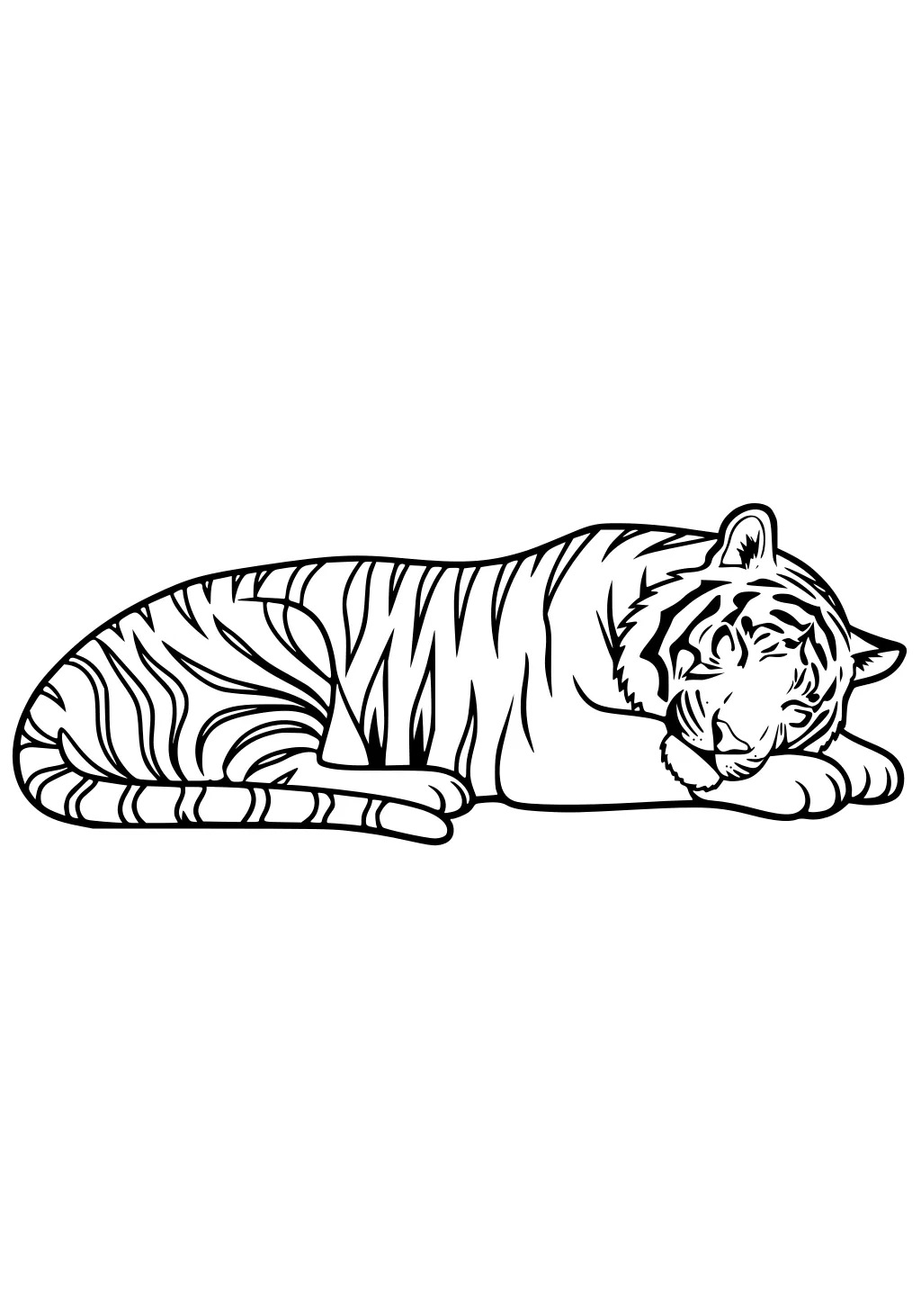 Line drawing of a tiger sleeping with head on paw and curled tail.
