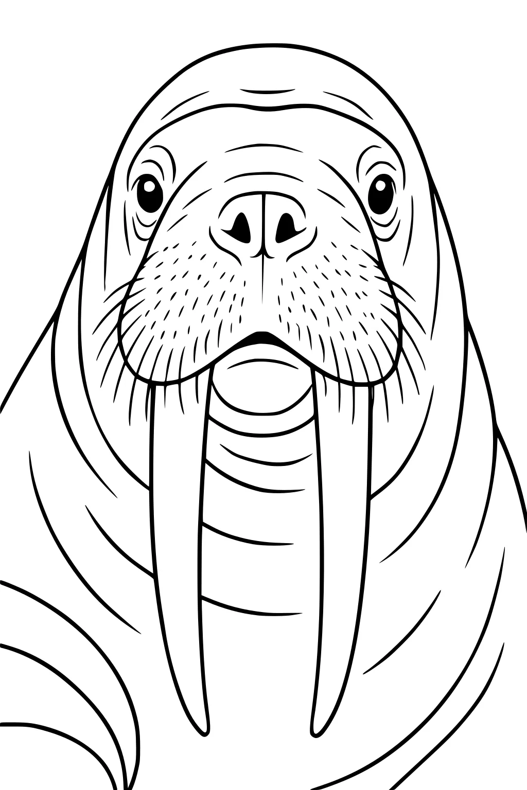 Outline drawing of a walrus face with tusks, wrinkles, and whiskers visible for coloring.