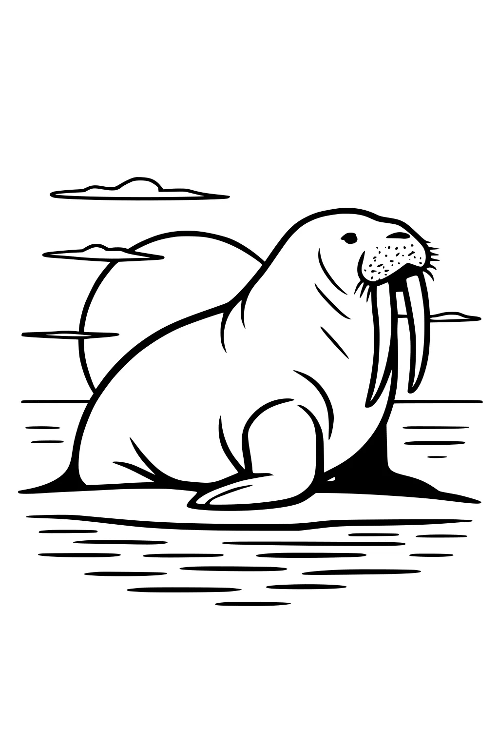 A walrus with long tusks resting on a shore, with the sun and clouds above calm water.