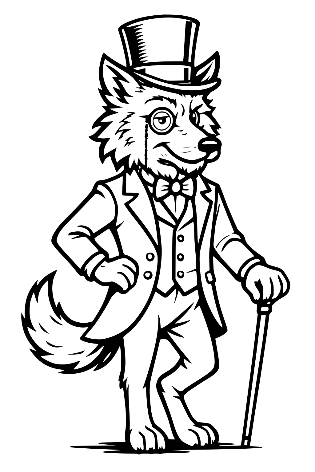 Cartoon male wolf in suit with top hat, monocle, bow tie, and cane, standing upright with one paw on hip.