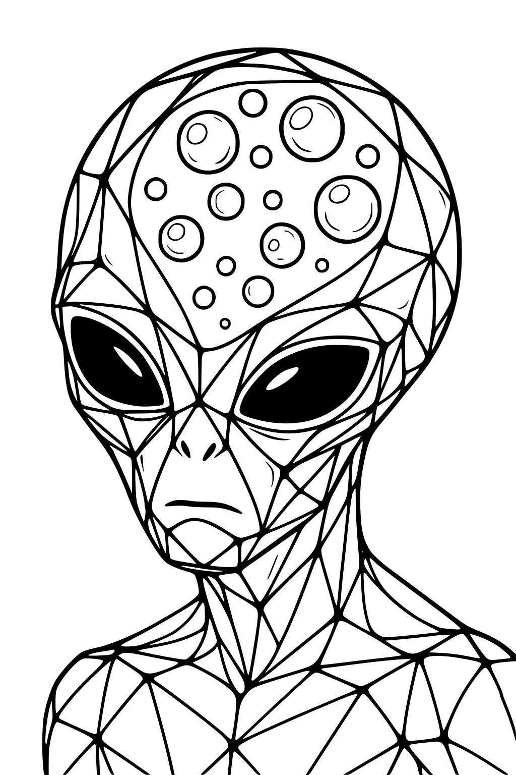 Geometric alien portrait with large black eyes, circular bumps on the forehead, and triangular facets across the face and shoulders.