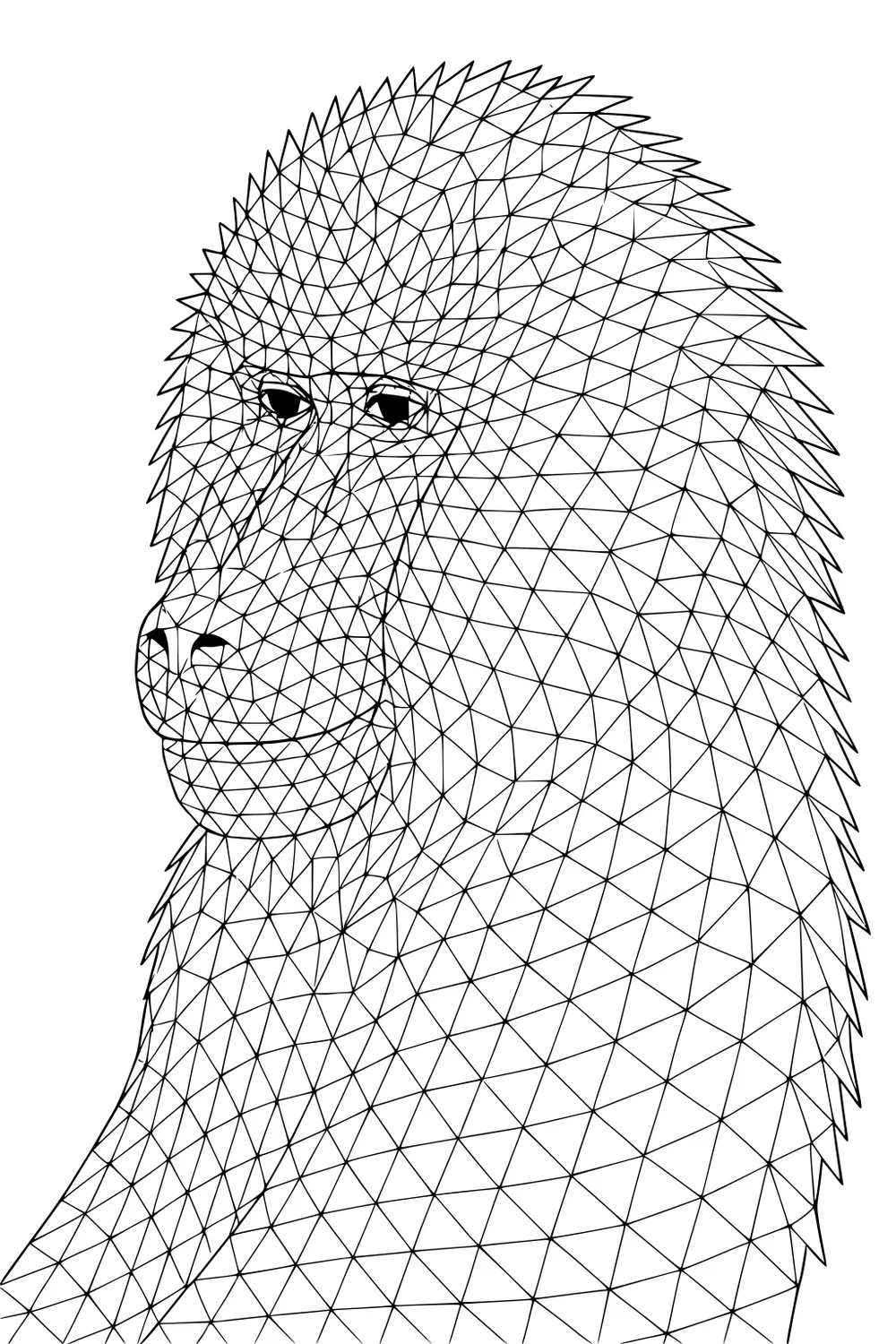 Baboon head in profile, outlined with geometric lines and small triangles across face and fur.