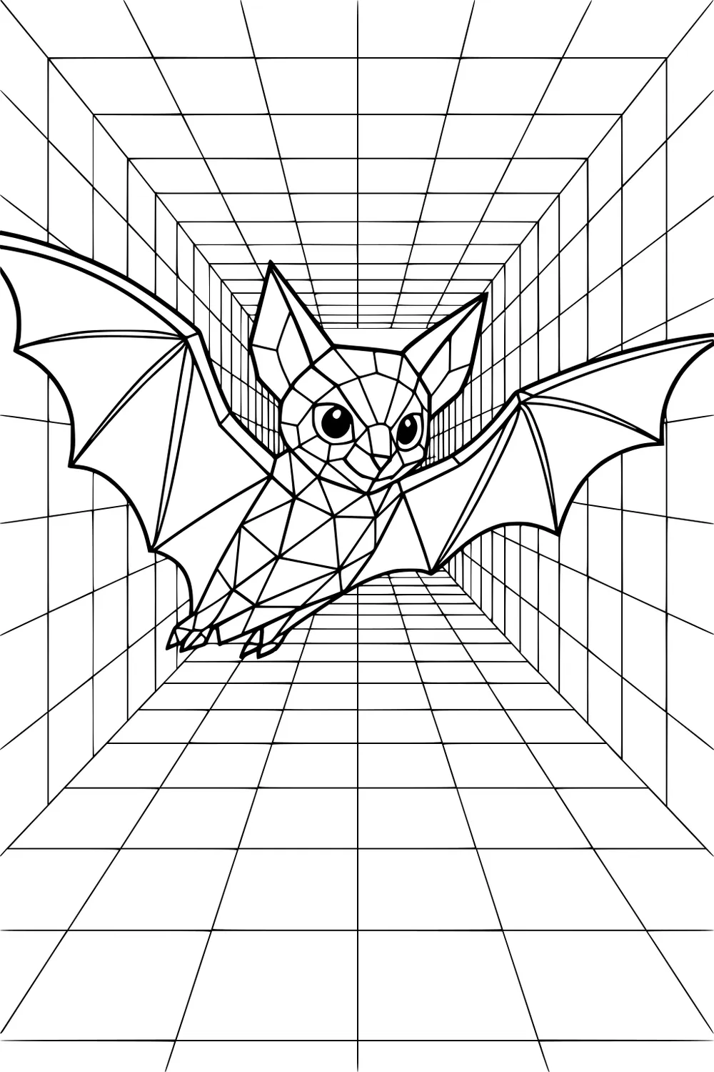 Geometric bat with large wings flies inside a long tunnel made of grid lines and squares.