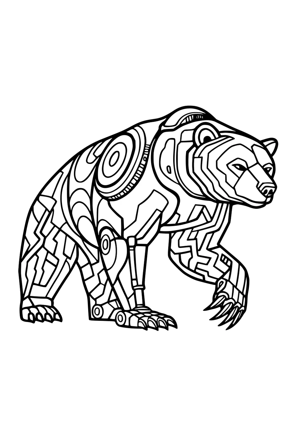 Bear with spiral, zigzag, and angular geometric patterns across its body and head, standing on all fours.