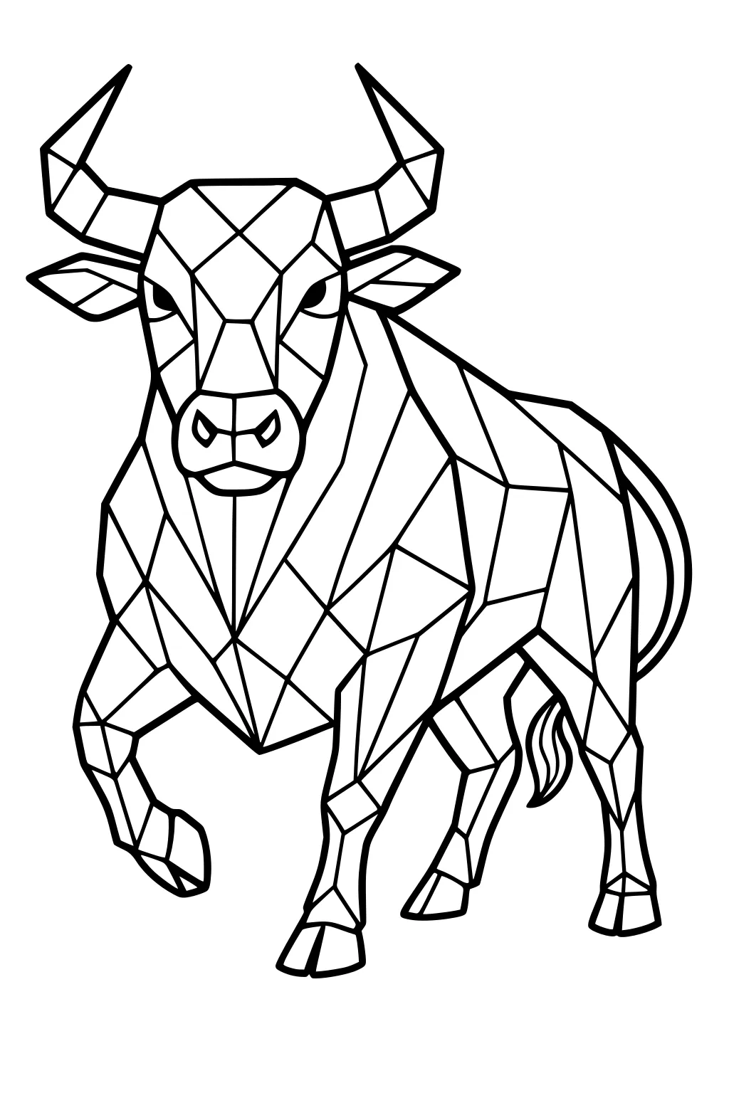 Geometric bull with sharp angles, large horns, and sturdy legs, outlined in black lines on a white background.