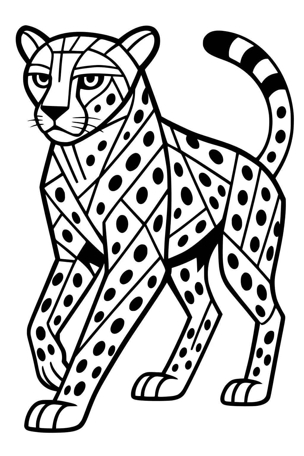Geometric cheetah with big spots and a striped tail standing upright, drawn in bold black lines.