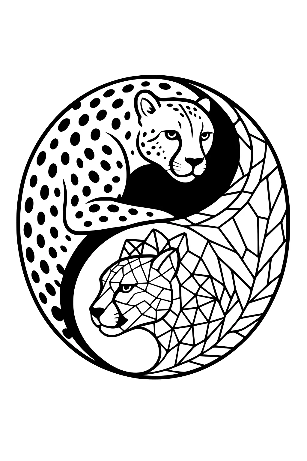 Two cheetah faces in a yin-yang circle, one with spots and one with geometric lines, both facing outward.
