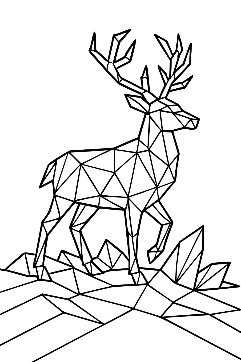 Geometric reindeer stag with large antlers on faceted snowy ground and crystals, black outlines, winter Christmas scene.
