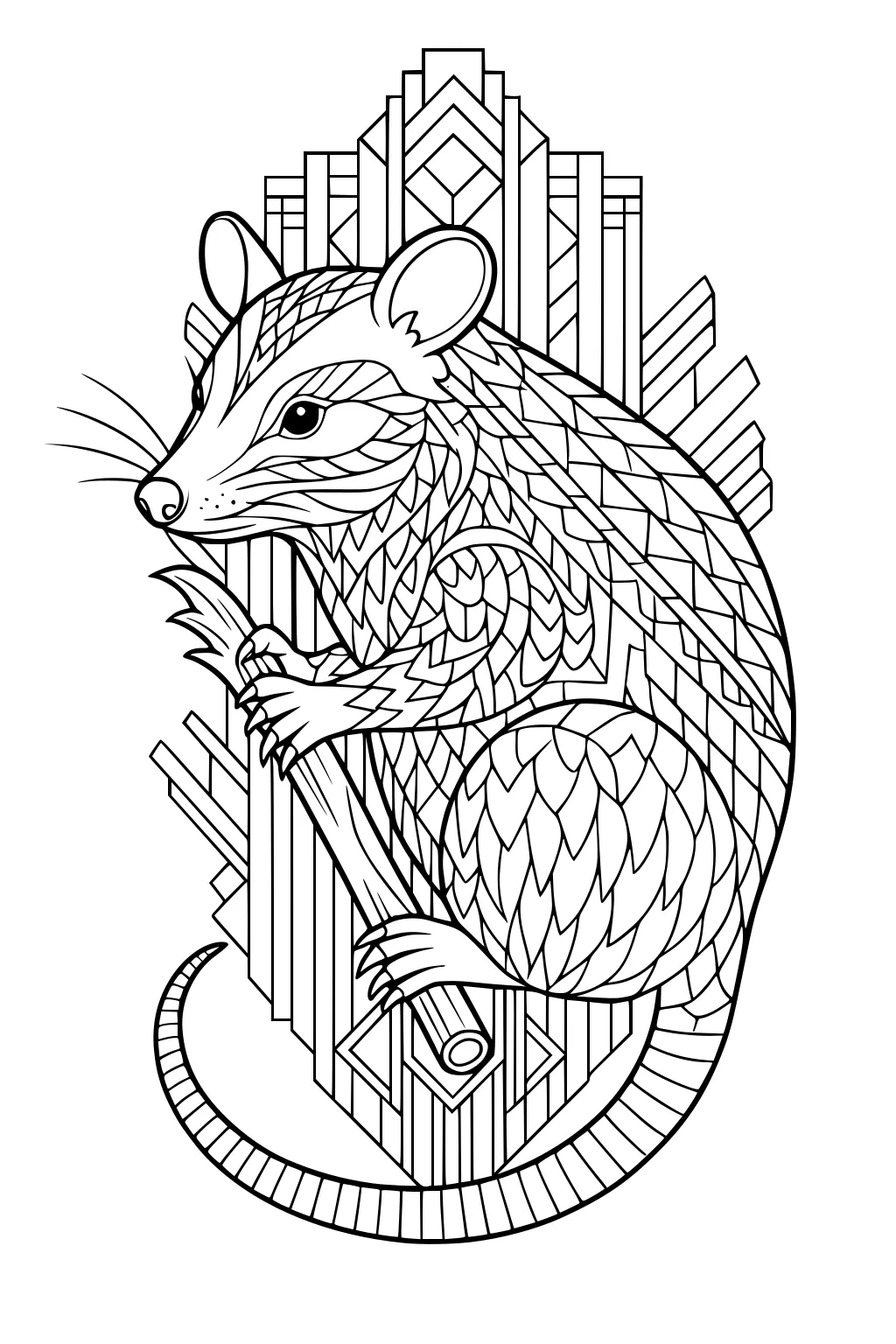 Opossum holding a branch with geometric fur patterns, surrounded by an angular, art deco style background.