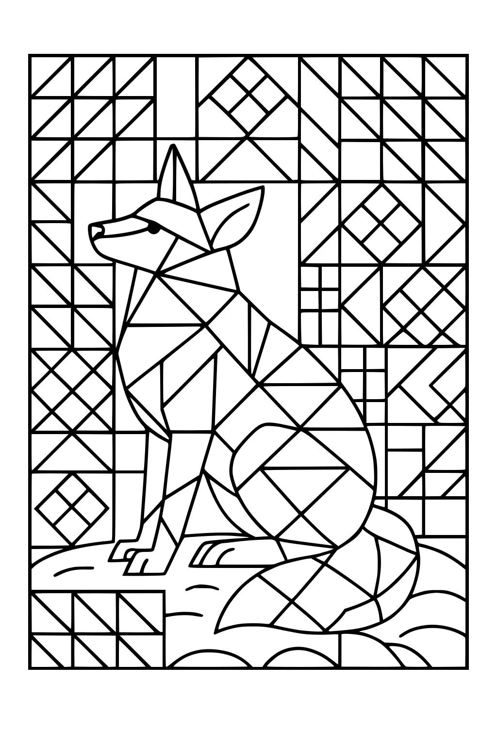 Geometric coyote sitting in profile with angular patterns and a mosaic background of triangles and squares.