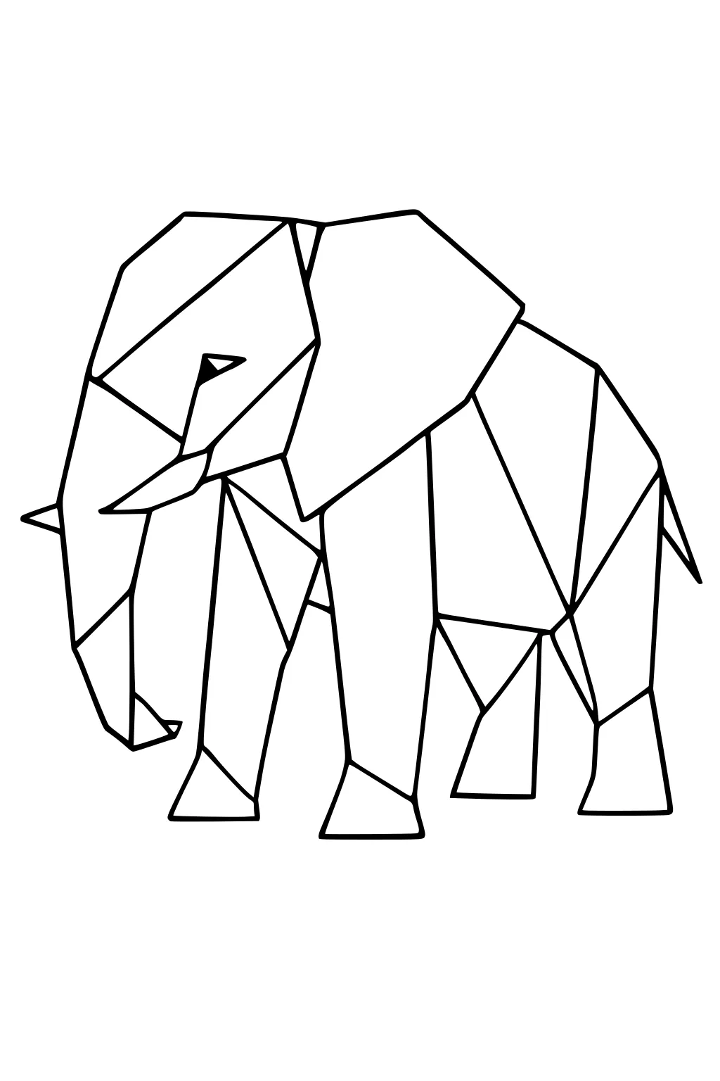 Geometric elephant made of straight lines and triangles, standing with trunk and tusks visible.