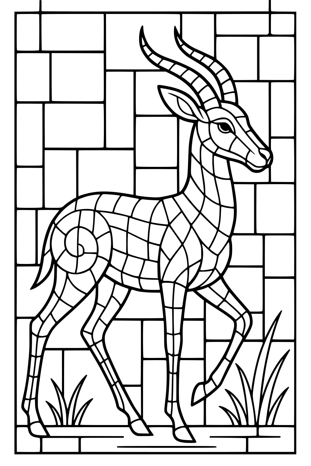 A gazelle with spiral horns stands on grass. Its body and the background are filled with geometric mosaic shapes.