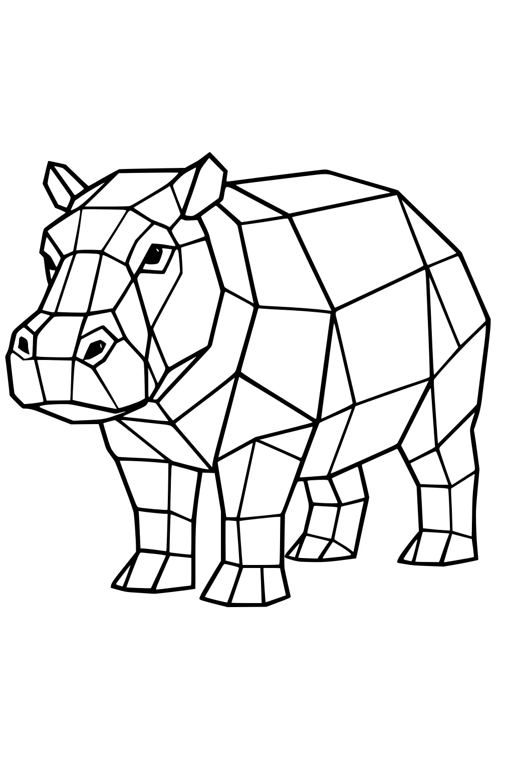 Geometric hippopotamus drawing with bold straight lines and blocky shapes, facing slightly to the left.