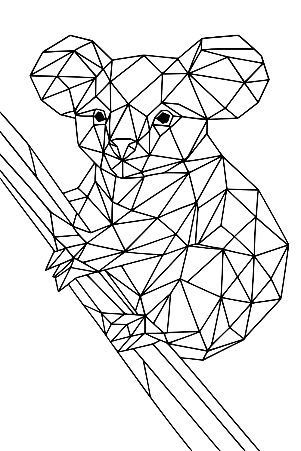 Geometric koala holding onto a branch, made from triangles and angular lines.