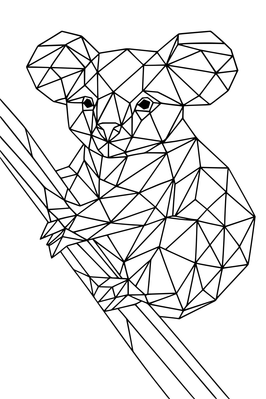 Geometric koala holding onto a branch, made from triangles and angular lines.