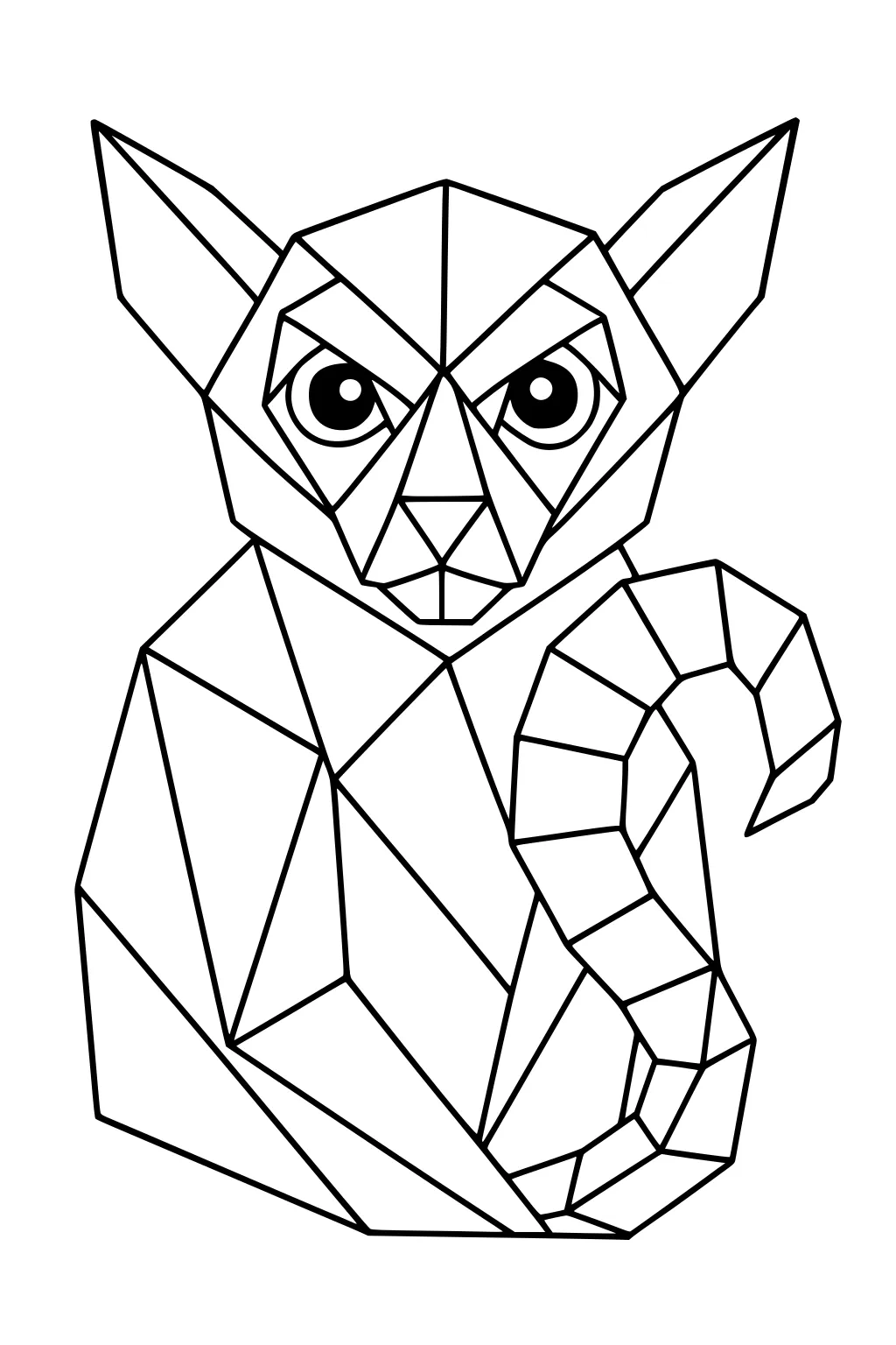 Geometric lemur with pointed ears, large round eyes, and curled polygon tail, outlined in bold black lines.
