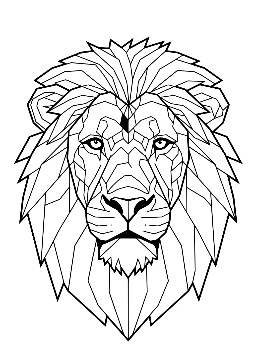 Geometric lion face with sharp, angular mane and strong facial outlines, filling the page from top to bottom.
