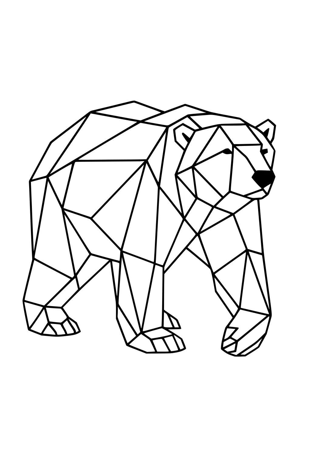 Geometric polar bear with angular lines, black nose, and four legs, standing and facing right, outlined in black.