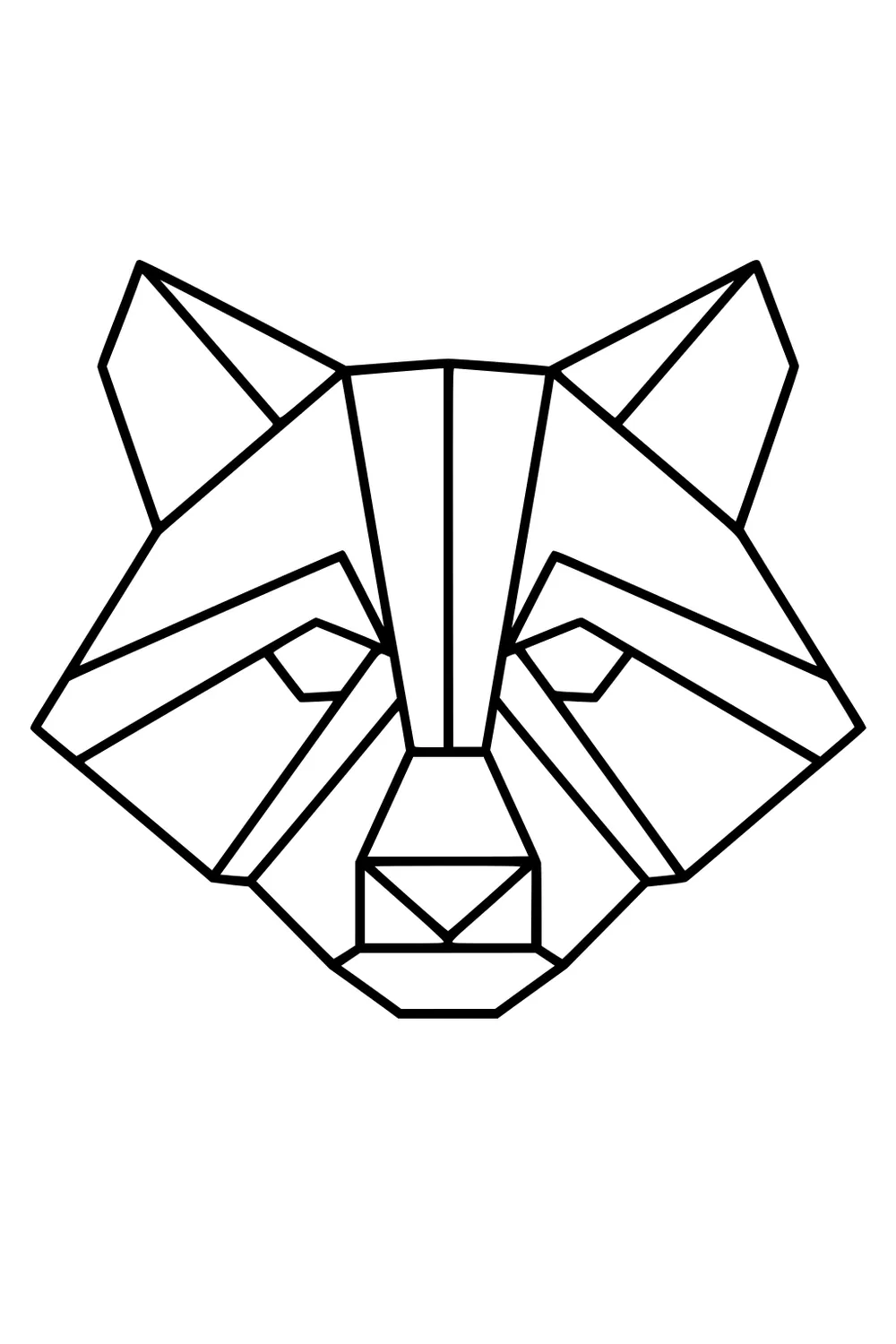 Geometric raccoon face with bold lines and triangle shapes, featuring pointed ears and a distinct mask pattern.