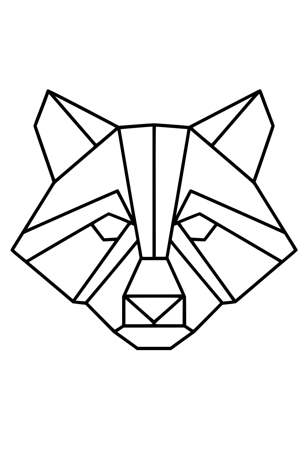 Geometric raccoon face with bold lines and triangle shapes, featuring pointed ears and a distinct mask pattern.
