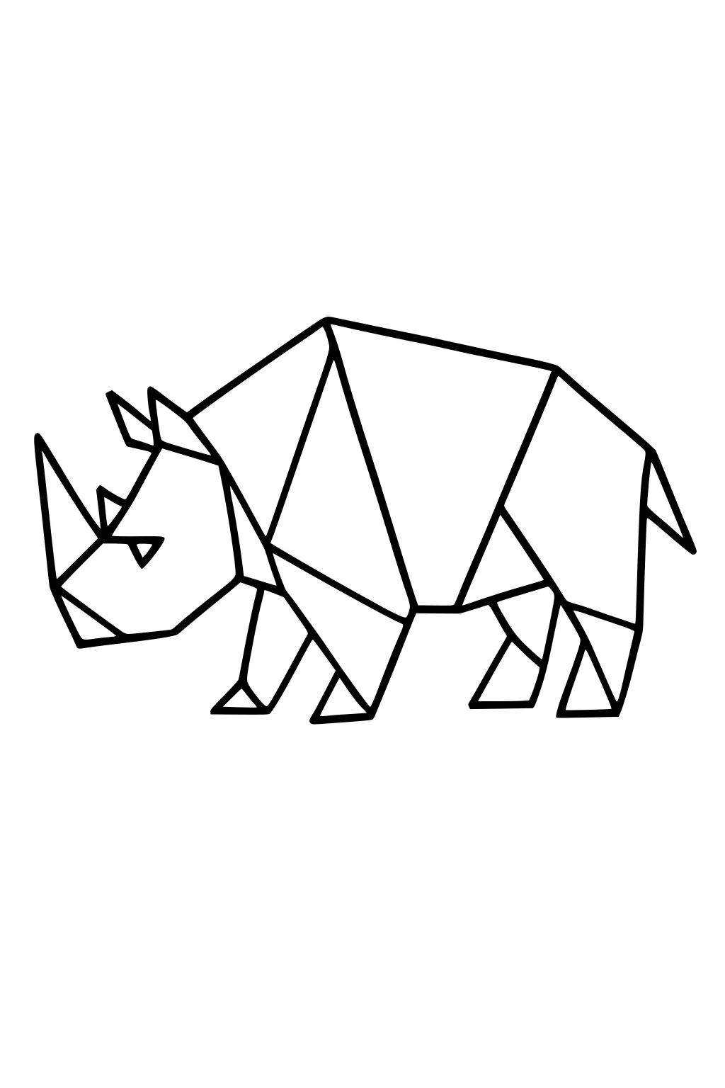 Geometric line drawing of a rhinoceros with triangular shapes, standing on all four legs.