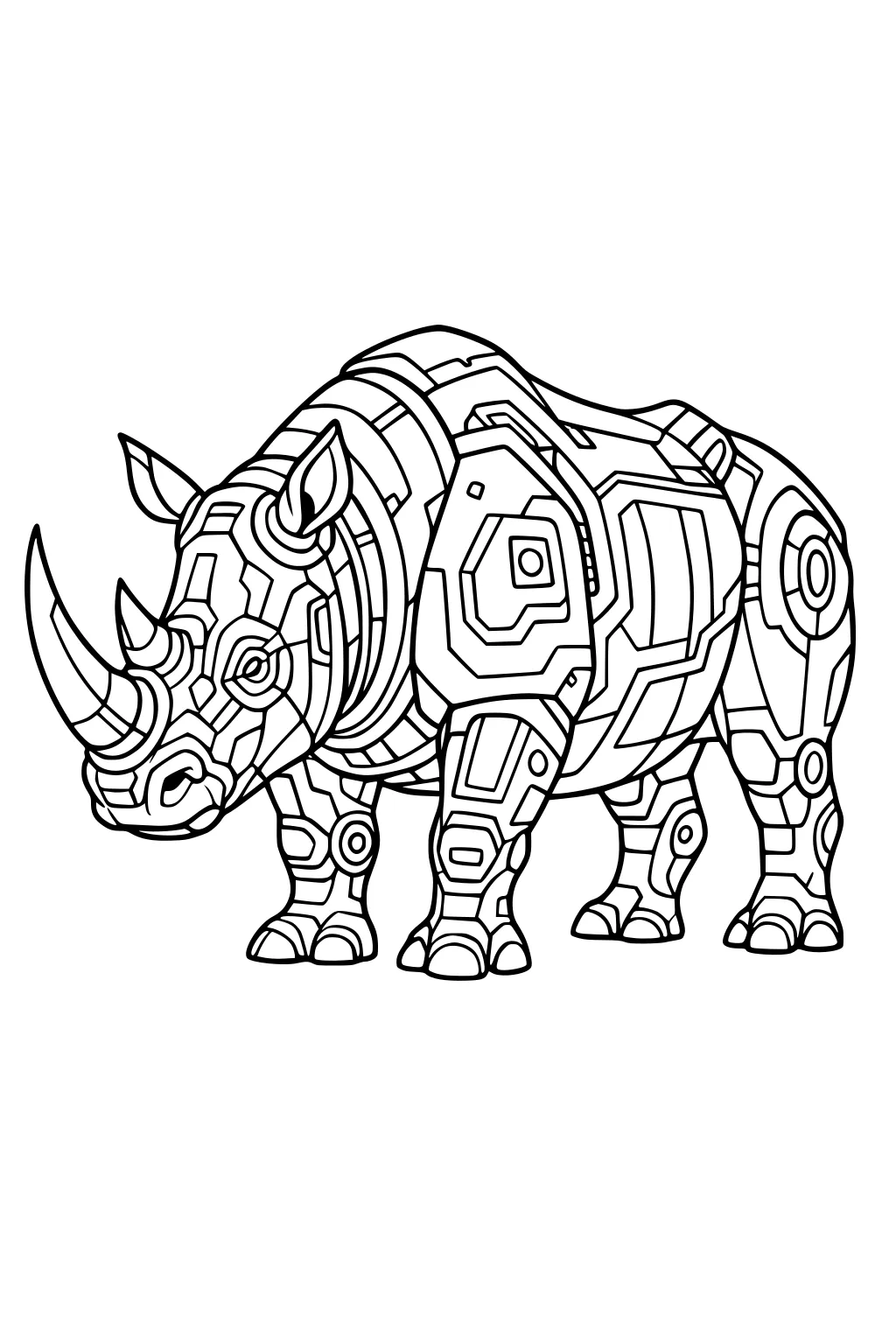 Robot-style rhinoceros with mechanical patterns and geometric shapes on body, standing and facing forward.