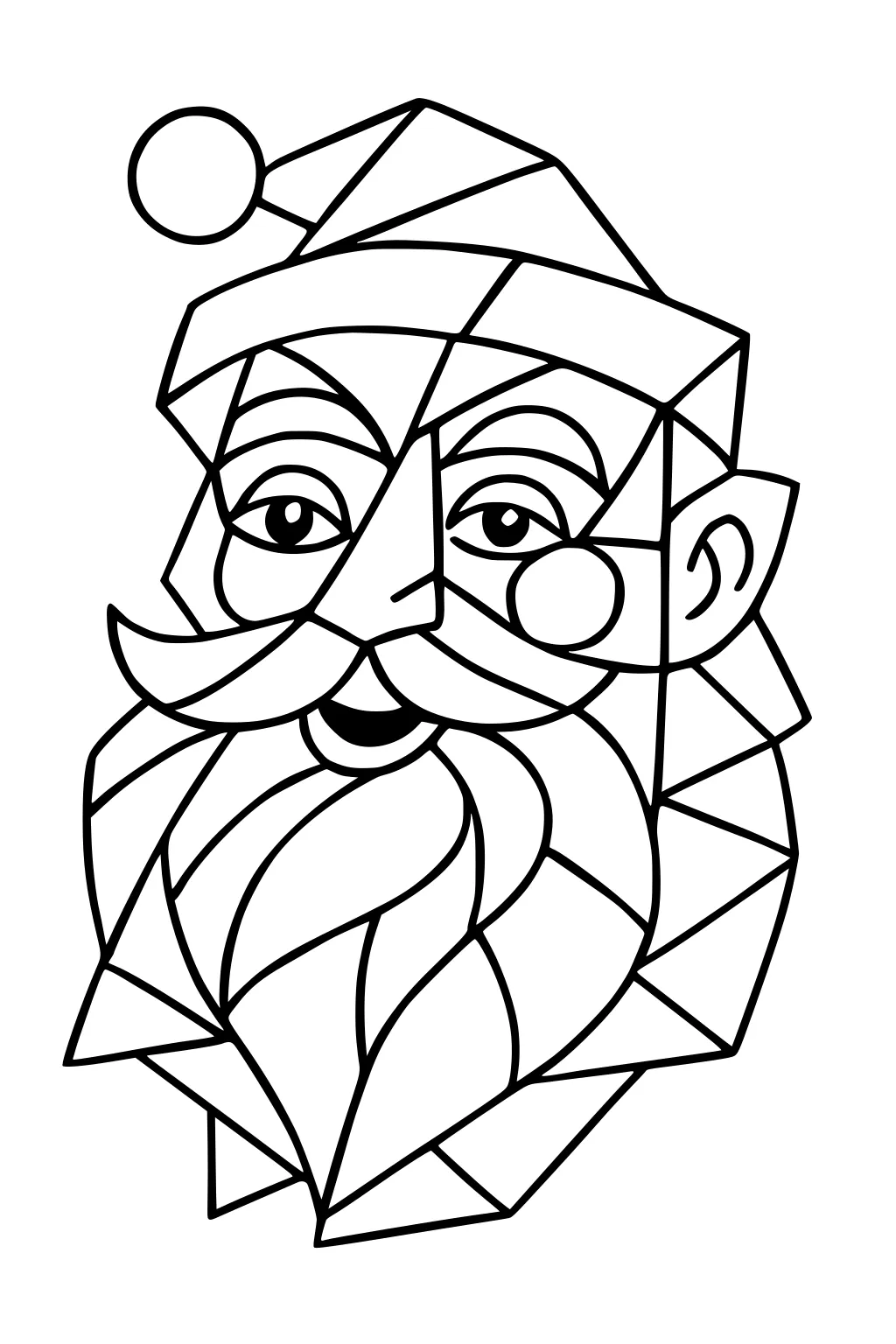 Geometric Santa face with hat and pom-pom, smiling with curled mustache and long beard made of triangles and curved shapes.