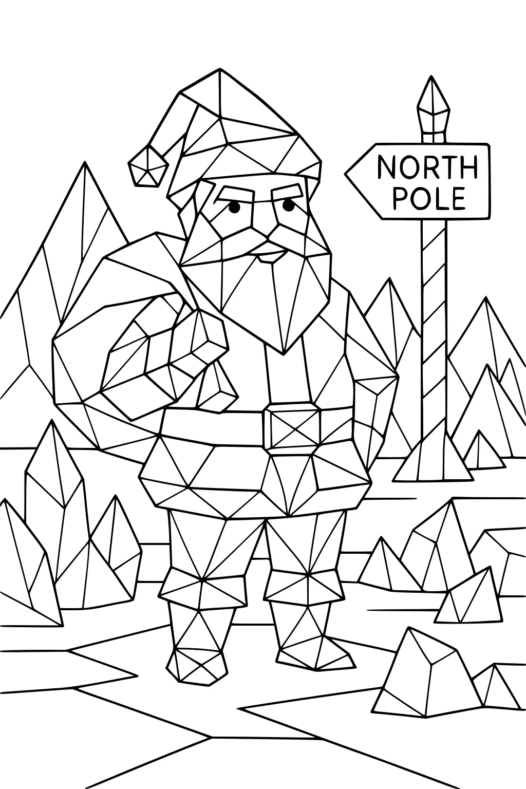 Geometric Santa with sack beside North Pole sign, on icy ground with triangular mountains and crystal rocks.