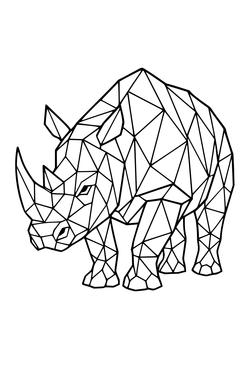 Geometric rhinoceros made with angular lines and triangles, standing with head down and two horns visible.