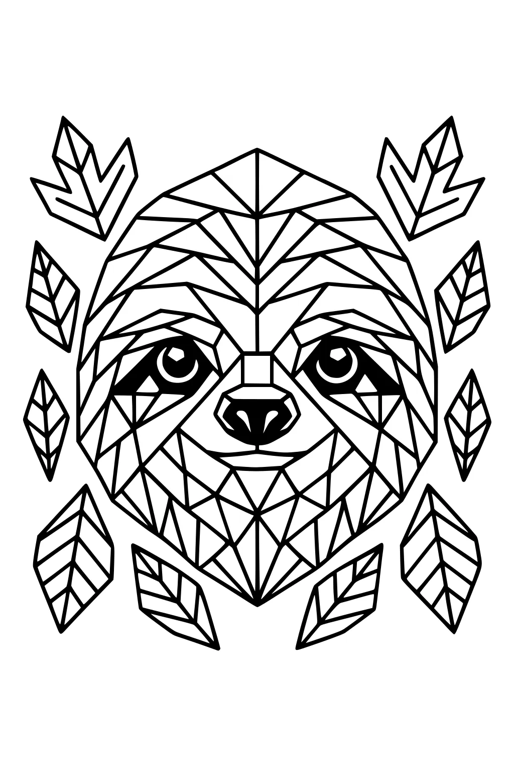 Geometric sloth face with large eyes, outlined shapes, surrounded by angular leaves made with straight lines.