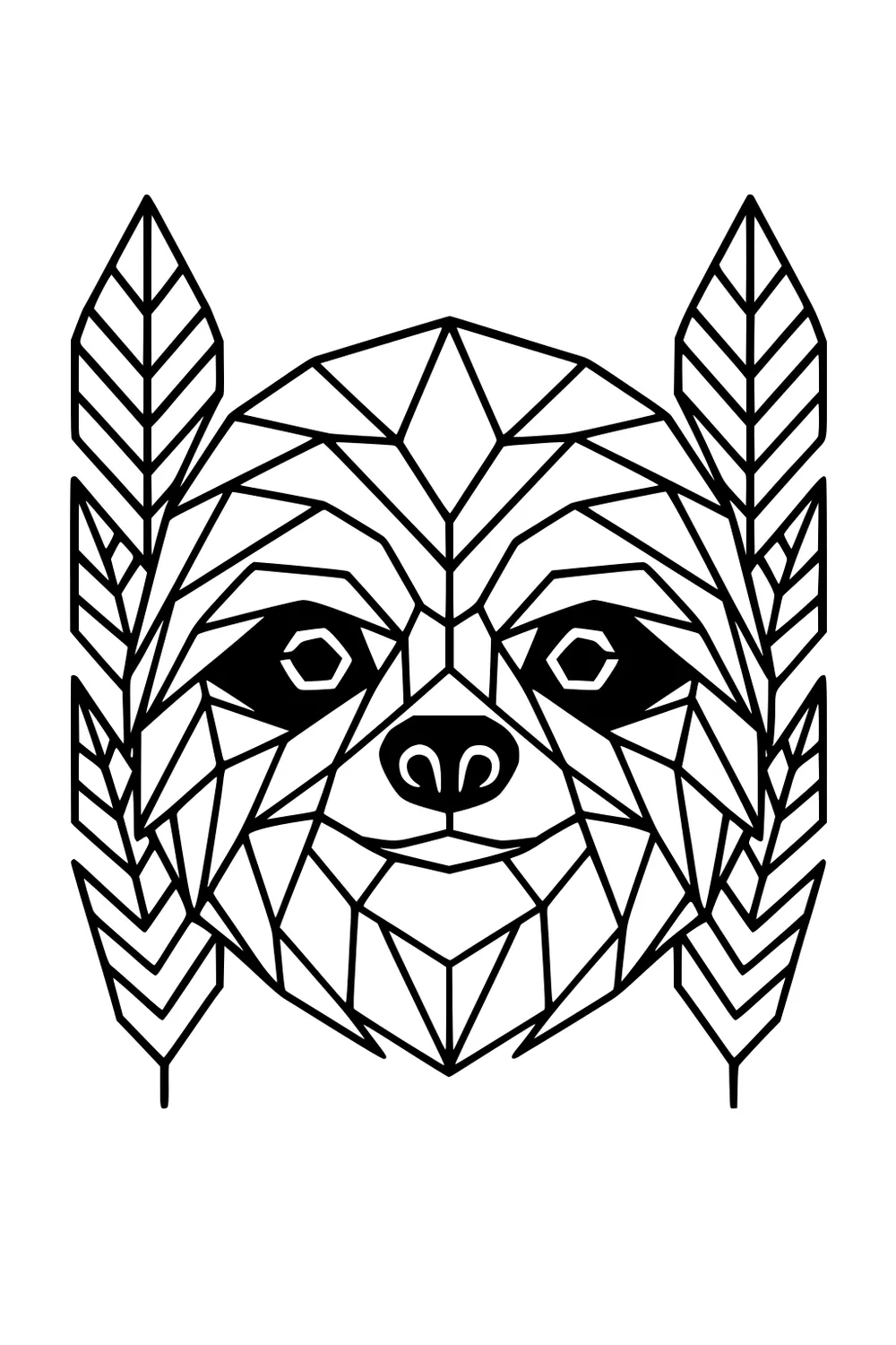 Geometric sloth face with two large leaves by the ears, drawn in bold black lines.