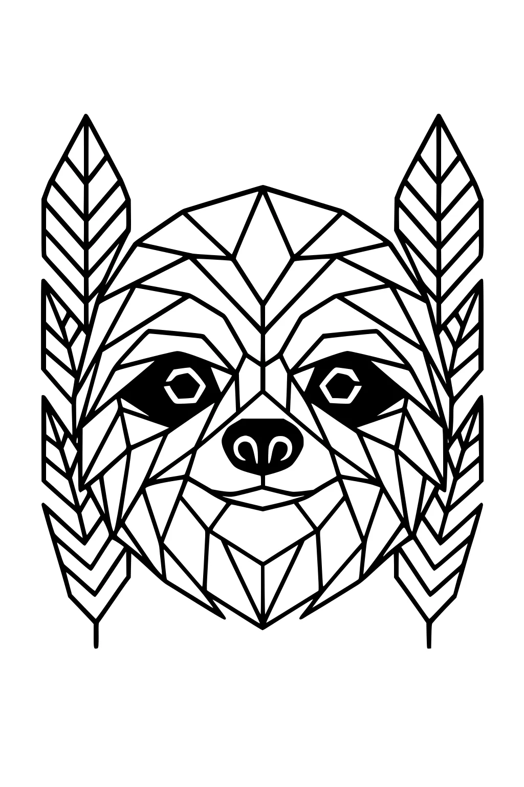 Geometric sloth face with two large leaves by the ears, drawn in bold black lines.