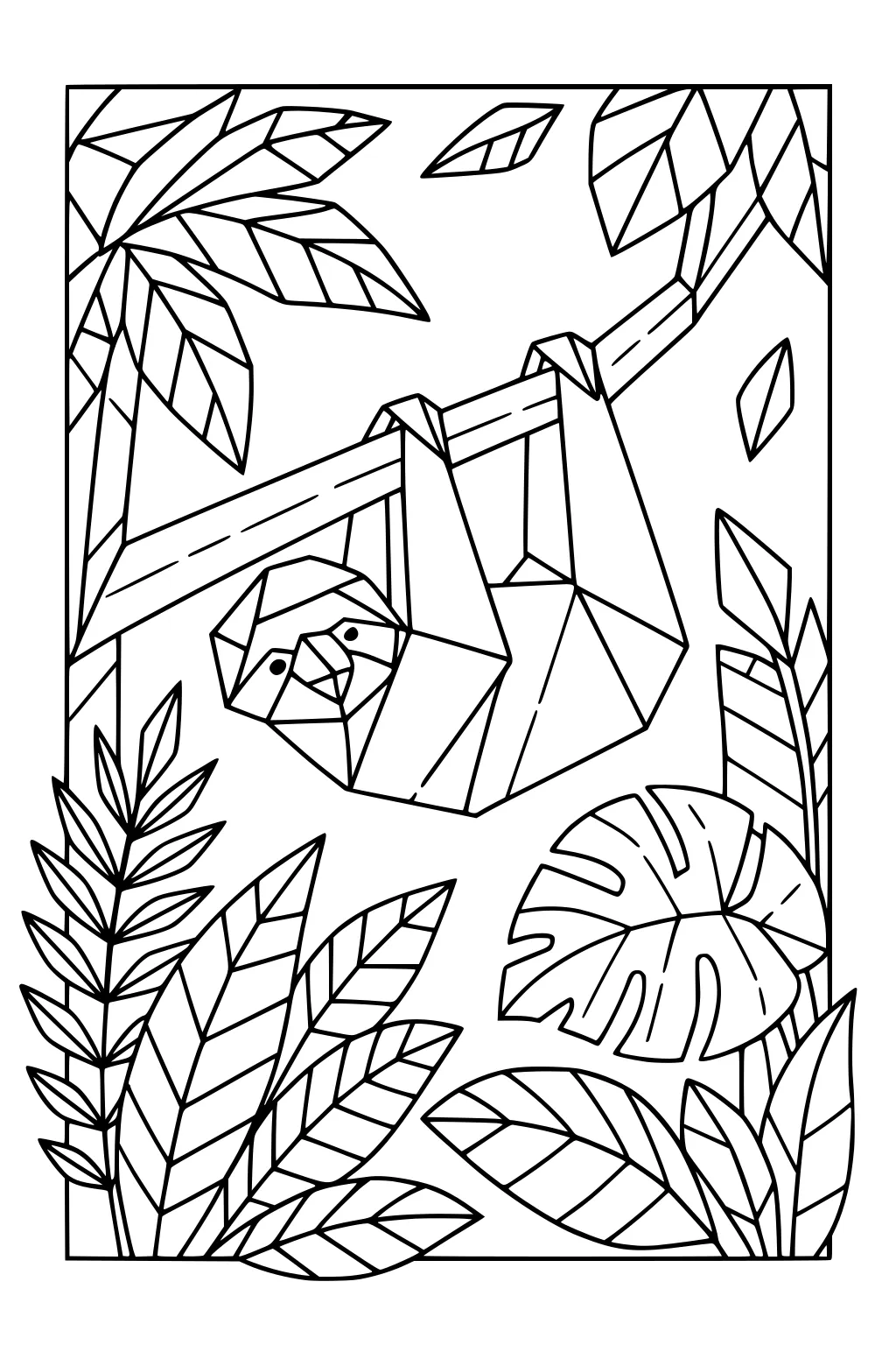 A sloth with geometric shapes hangs from a branch amid bold, patterned jungle leaves.