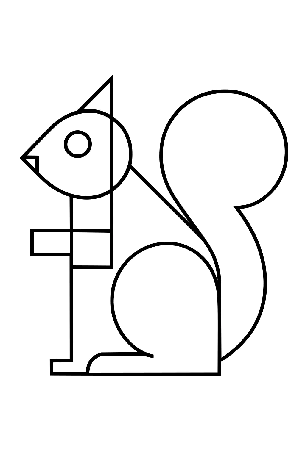 Outline drawing of a squirrel using circles, triangles, rectangles, and straight lines.