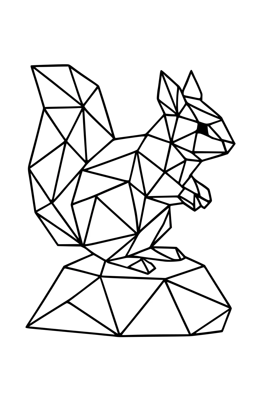Geometric squirrel formed from triangles and polygons, sitting on a rock, outlined in black lines.