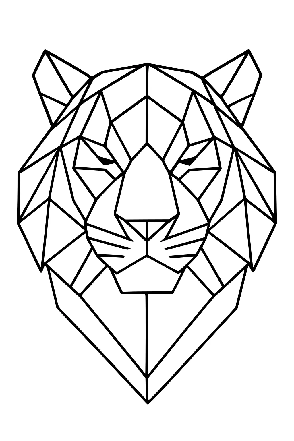 Outline of a tiger head made from geometric shapes and straight lines, front view, no background.