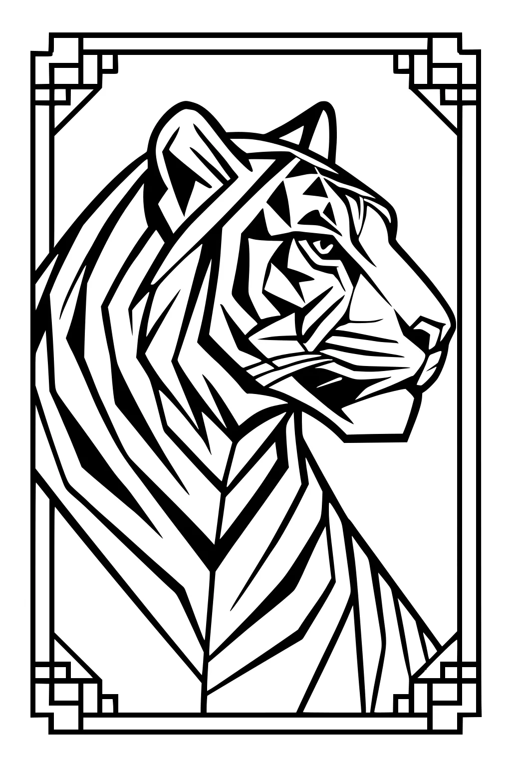 Geometric tiger with angular stripes facing left, framed by lines and decorative corners.