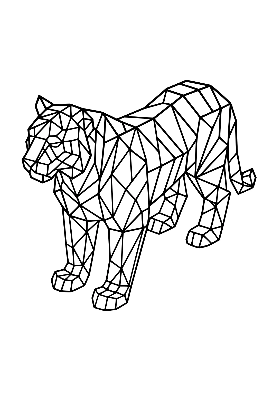 Tiger standing on four legs, body made up of many geometric triangle shapes and straight lines.
