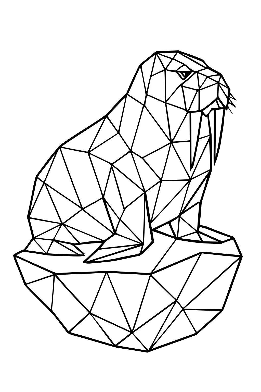 Geometric walrus with long tusks sitting on an angular ice block made of triangles.