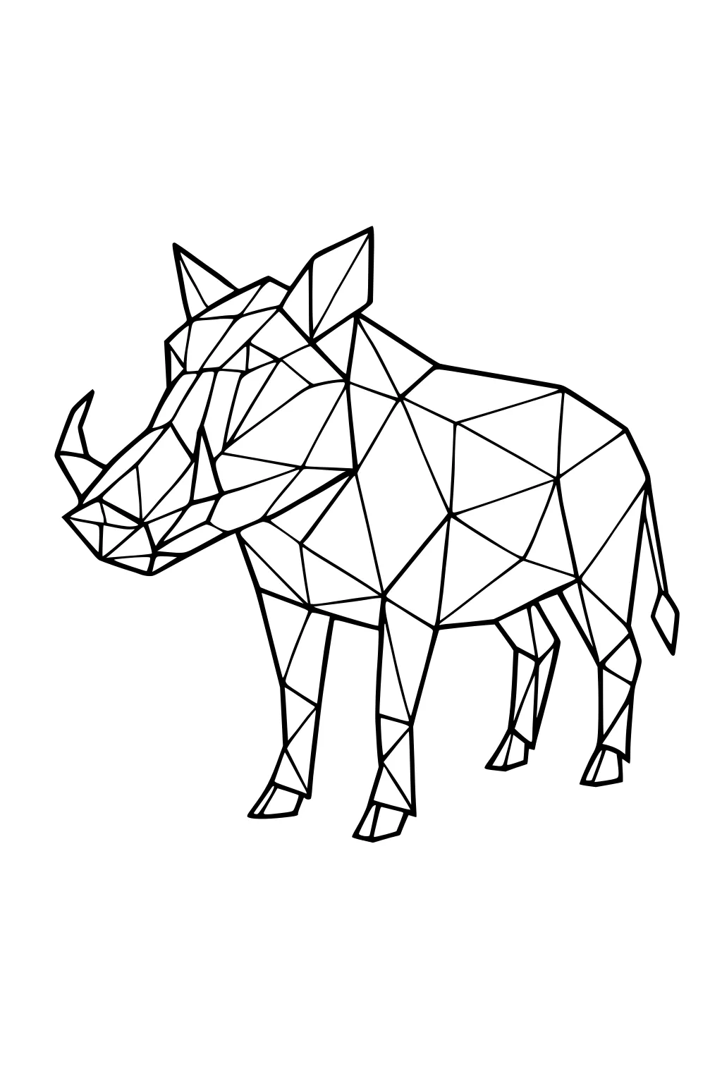 Geometric warthog formed from sharp, angular lines with large curved tusks, pointy ears, and a short tail.