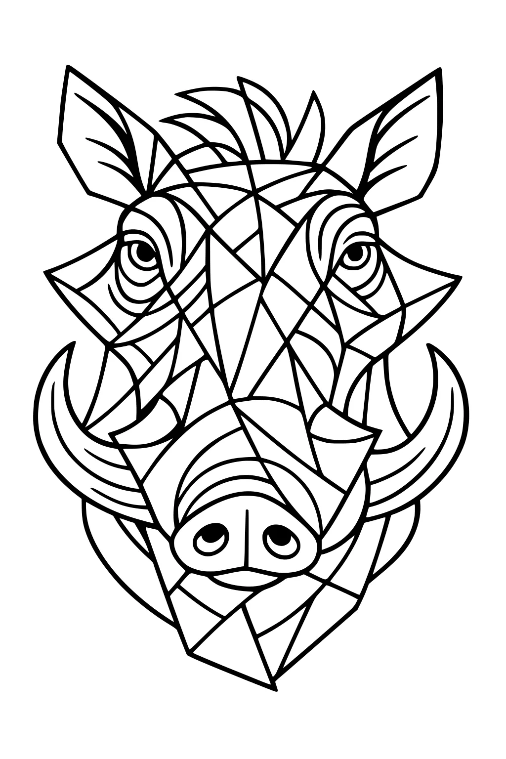 Geometric warthog face with large ears, round eyes, spiky mane, curled tusks, and angular line patterns.