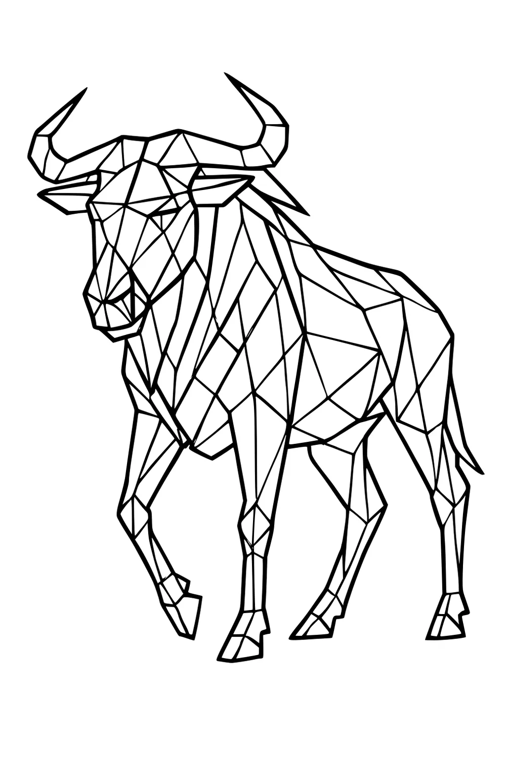Geometric line art of a wildebeest with polygon shapes and curved horns, walking forward on white background.